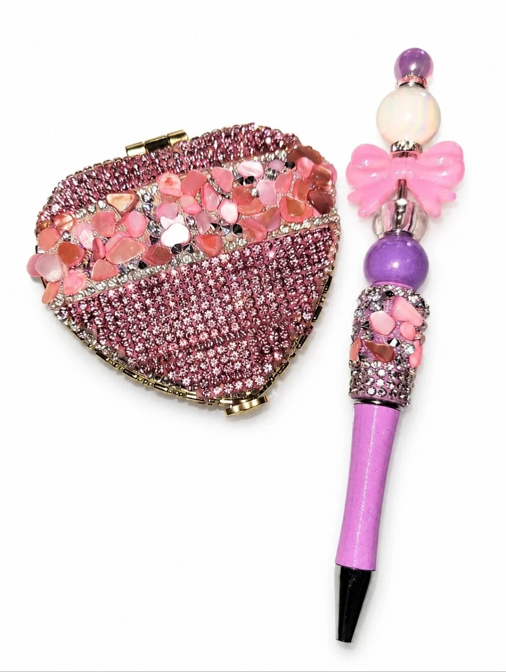 Handcrafted Pink Rhinestone Heart Compact Mirror & Beaded Pen Gift Set